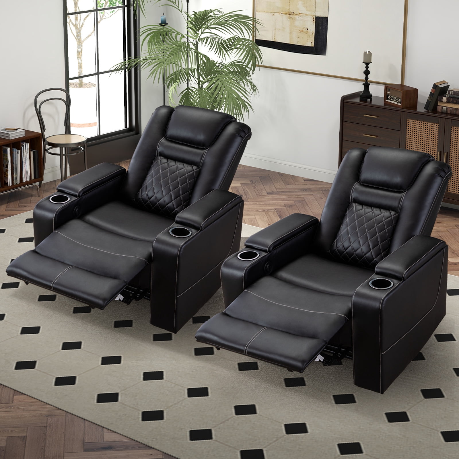 Bonzy Home Power Electric Recliner Chair Set of 2 with USB Ports and Cup Holders Leather Home Theater Seating, Living Room Chair Black