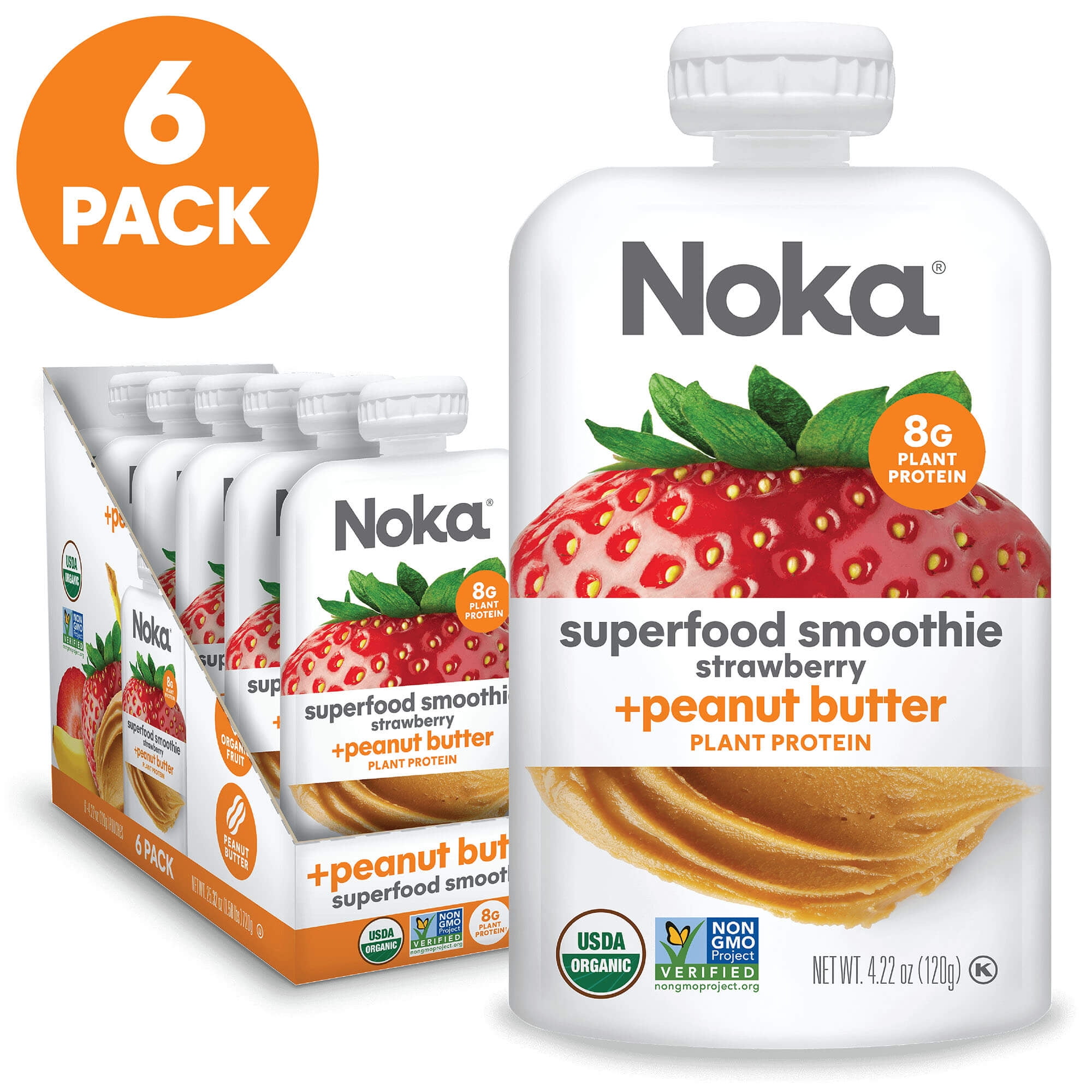 Noka Fruit Smoothie Pouches, Strawberry Peanut Butter, Shelf Stable, 6 Pack, 4.22 oz