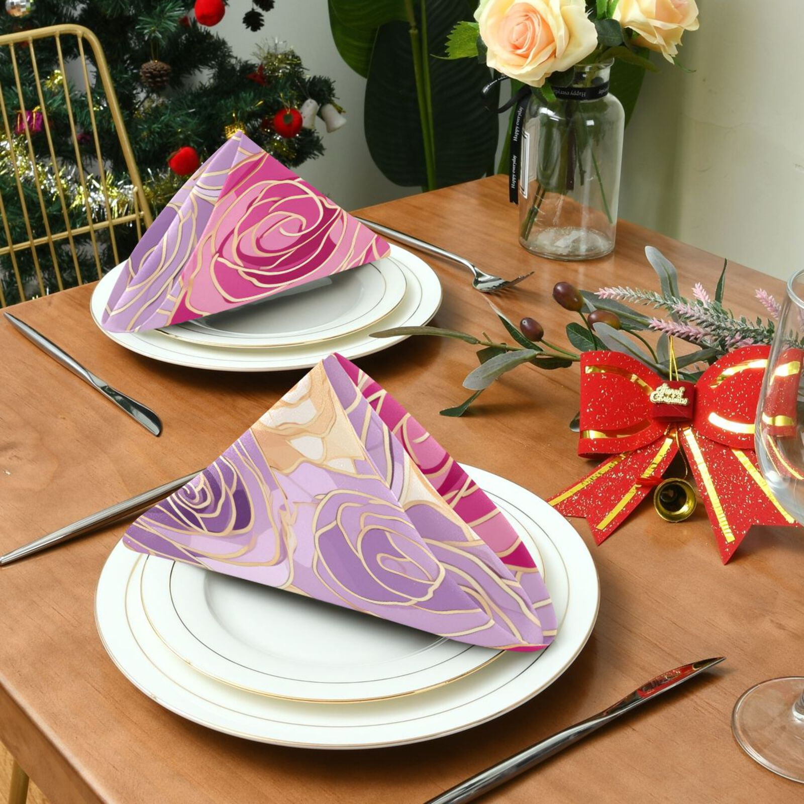 JSTEL Rose Flowers Hand Drawn Cloth Napkins Set of 6, 20x20 Inch Washable and Reusable Napkin for Decoupage Dinner Party Everyday Use