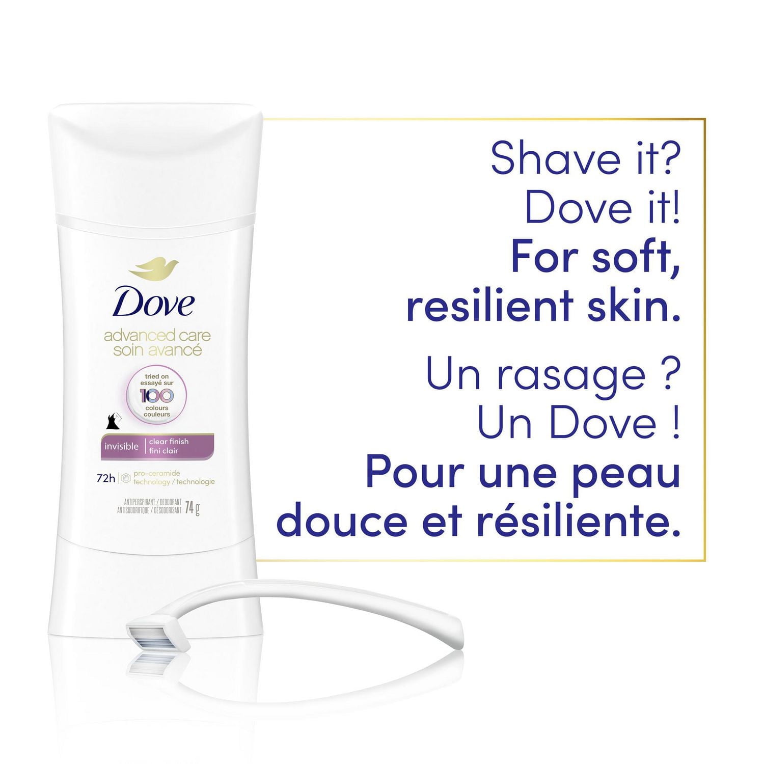 Antisudorifique désodorisant pour femme Dove Soin Avancé Invisible Parfum Fini Clair avec technologie pro-céramides pour une peau douce et résistante 74g