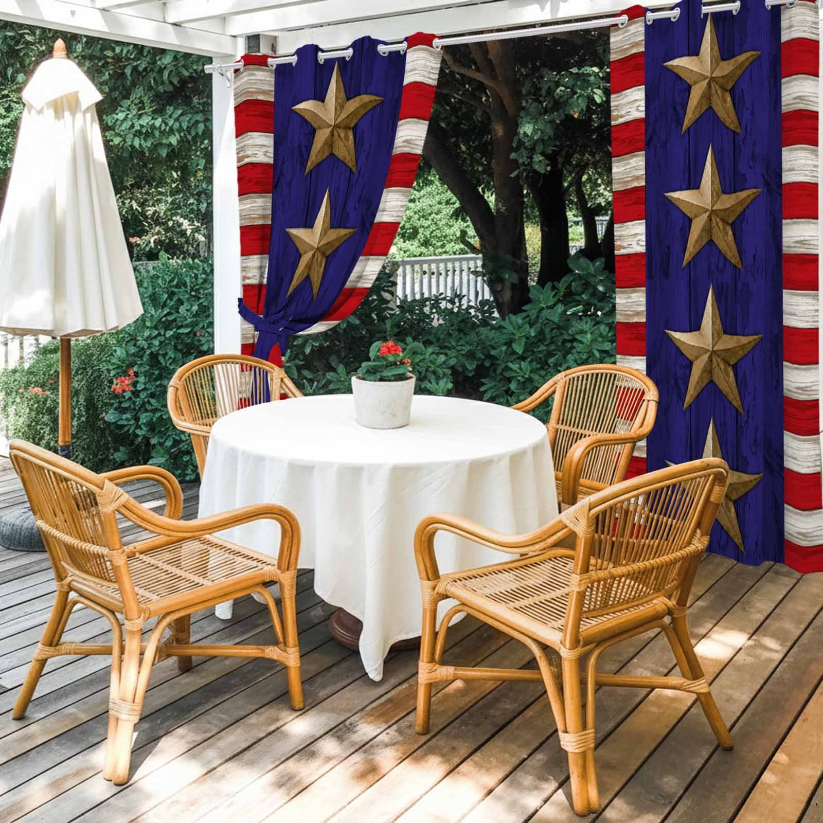 Independence Day Outdoor Curtains for Patio, Retro America Blue Gold Star Red Wood Grain Sunshade Privacy Drapes Grommet Waterproof Outside Curtains for Porch/Cabana/Balcony 54"x 108", 1 Panel