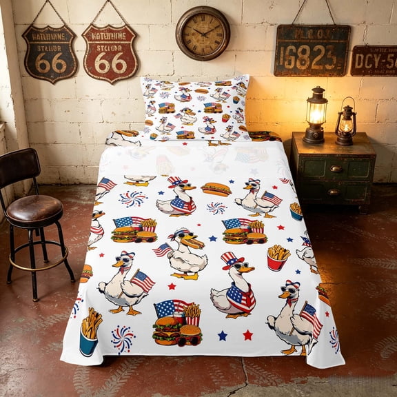 Manfei Funny US Flag Duck Twin Sheets, Fast Food Bedding, Red White Blue, Polka Dots Reversible 3 Pieces (1 Flat Sheet, 1 Fitted Sheet and 1 Pillowcase)