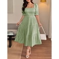 thumbnail image 3 of Green Gingham Square Neck A-Line Midi Dress With Half Puff Sleeves Casual Summer, 3 of 8