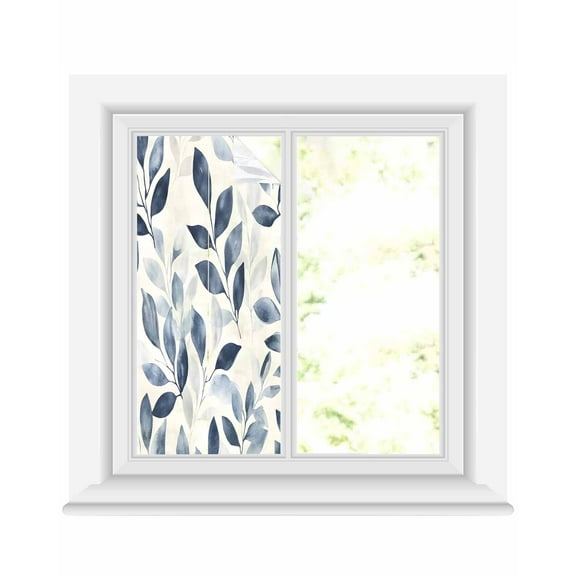 Window Privacy Film Navy Blue Botanical Stained Glass Window Film Decorative Sun Block Window Cover Pastoral Spring Leaves Watercolor Window Clings Static Adhesive Sticker for Bathroom 19.6"x39.3"