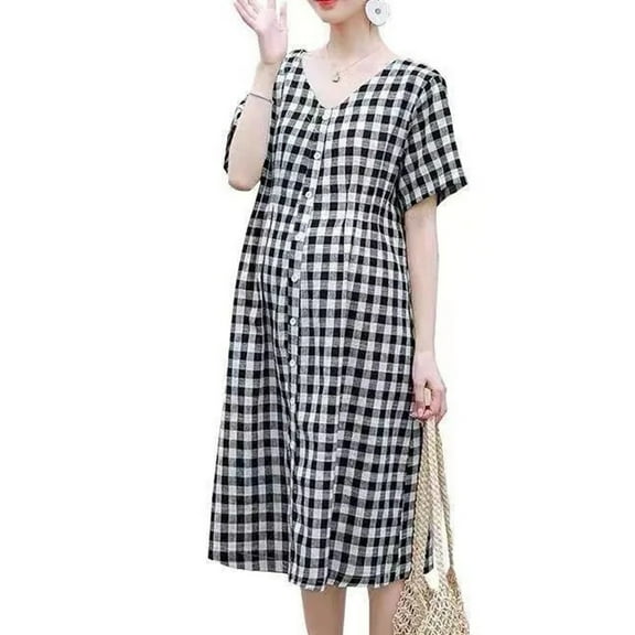 Kilaqueen Maternity Dress for Photoshoot Short Sleeve V Neck Button Down Loose Fit Pregnancy Dress Casual Babycon Plaid Dress