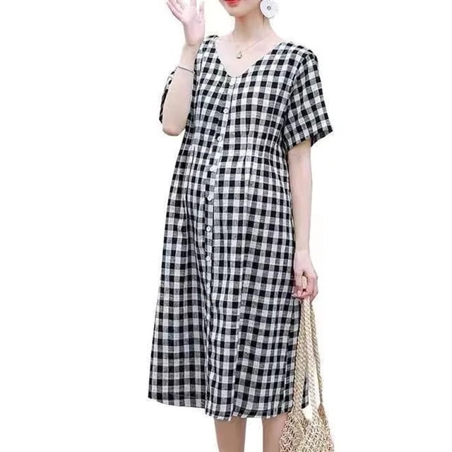 DPTALR Robe d'Été à Carreaux Extra Longue pour Femmes Enceintes Enceintes avec Boutons, Col en V, Manches Courtes