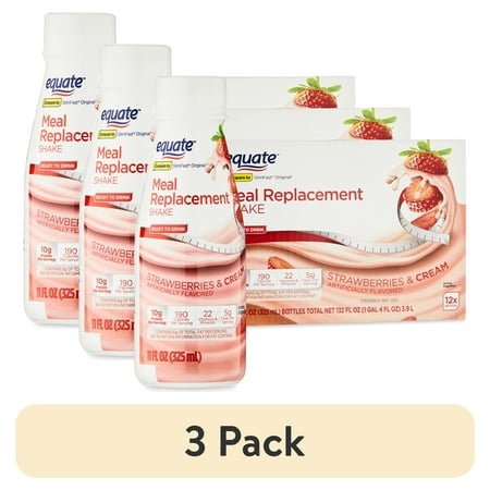 (3 pack) Equate Meal Replacement Shake, Strawberry, 11 fl oz, 12 Ct