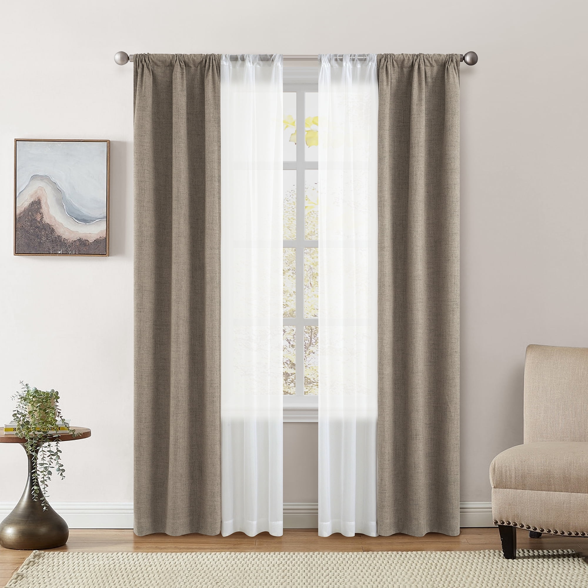 (3 pack) Mainstays Solid Twill Blackout Curtain Panel and Sheers, Set of 4, Brown Bag, 27.5" W x 84" L