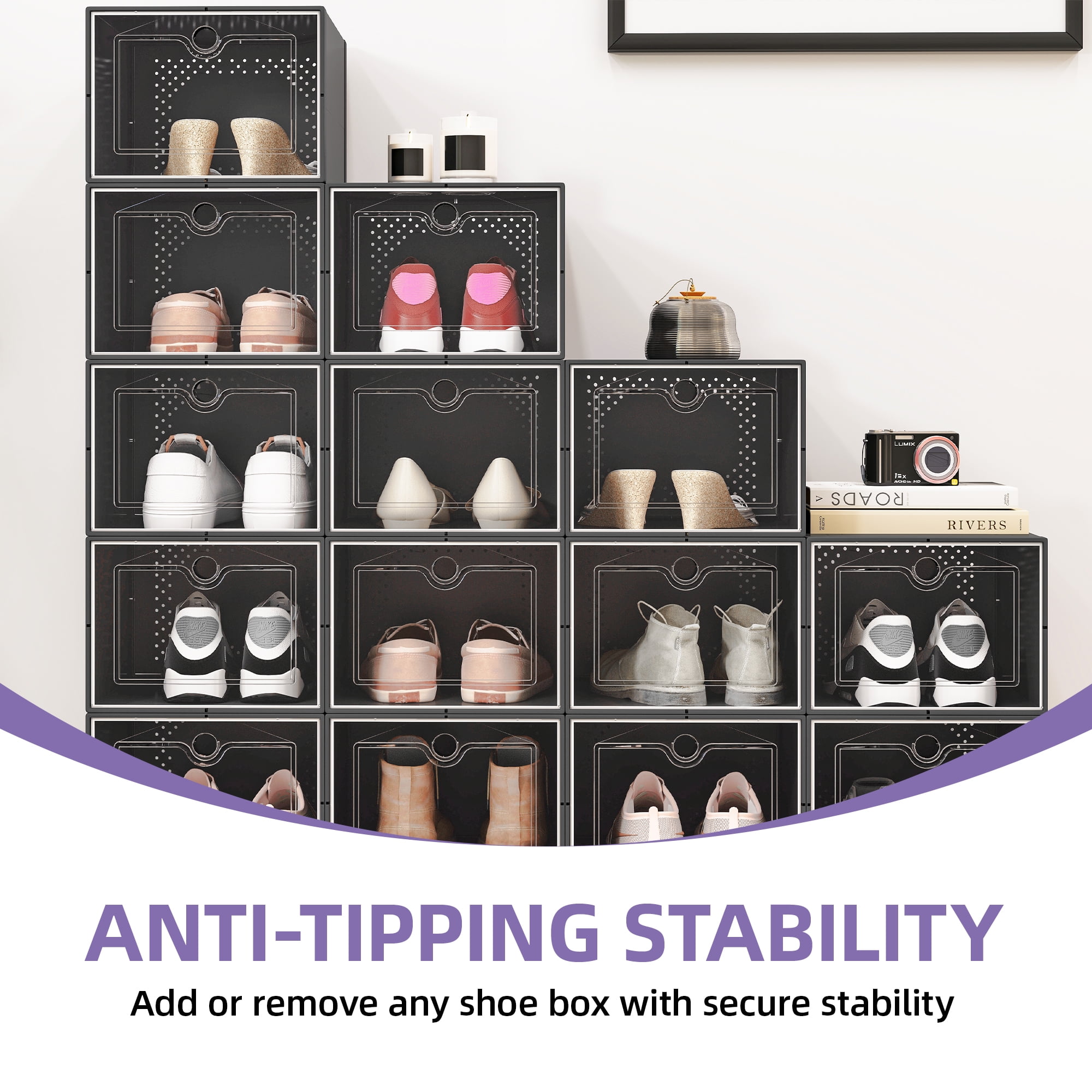 Uforic XL Shoe Storage Box, 18 Pack Stackable Clear Plastic Shoe Organizer Box with Lids,for Entryway Hallway, Black