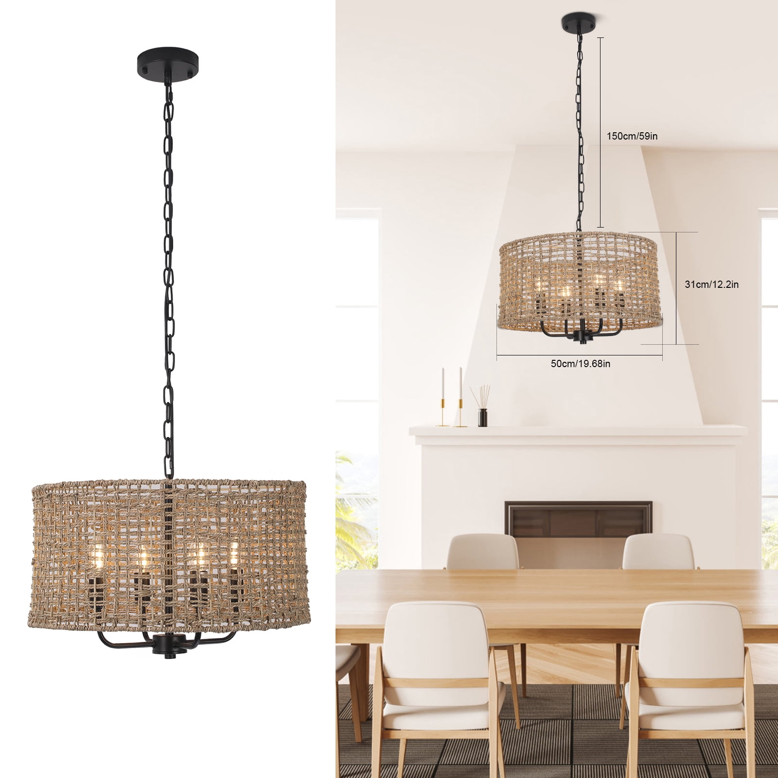Wuzstar Hand Woven Rattan Chandelier Pendant Light Fixture 4-Light Farmhouse Rattan Light Fixtures for Kitchen Island Dining Room