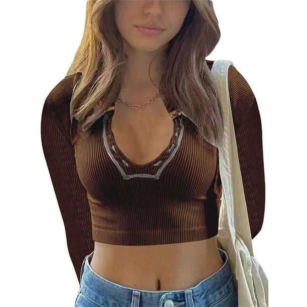 Txlixc Blusa de mujer, blusa de cuello V de manga larga, blusa de ombligo de primavera y verano Txlixc moda