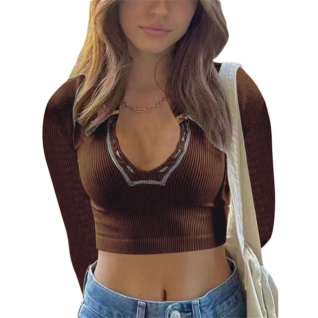 Txlixc Blusa de mujer, blusa de cuello V de manga larga, blusa de ombligo de primavera y verano Txlixc moda