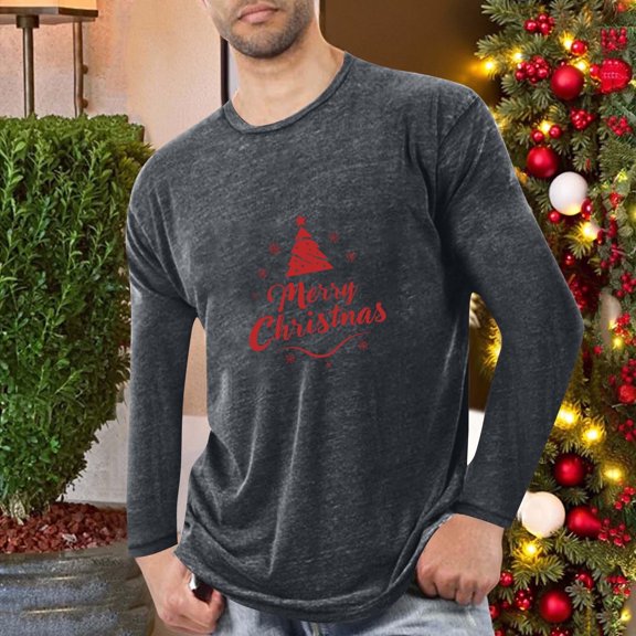 SYMOID Pajamas Mens Gray Christmas Long Sleeve T-Shirt - Merry Christmas Graphic & Tree, Soft Stretchy Cotton Blend, Relaxed Fit, Sizes M to XXXXL,Size M