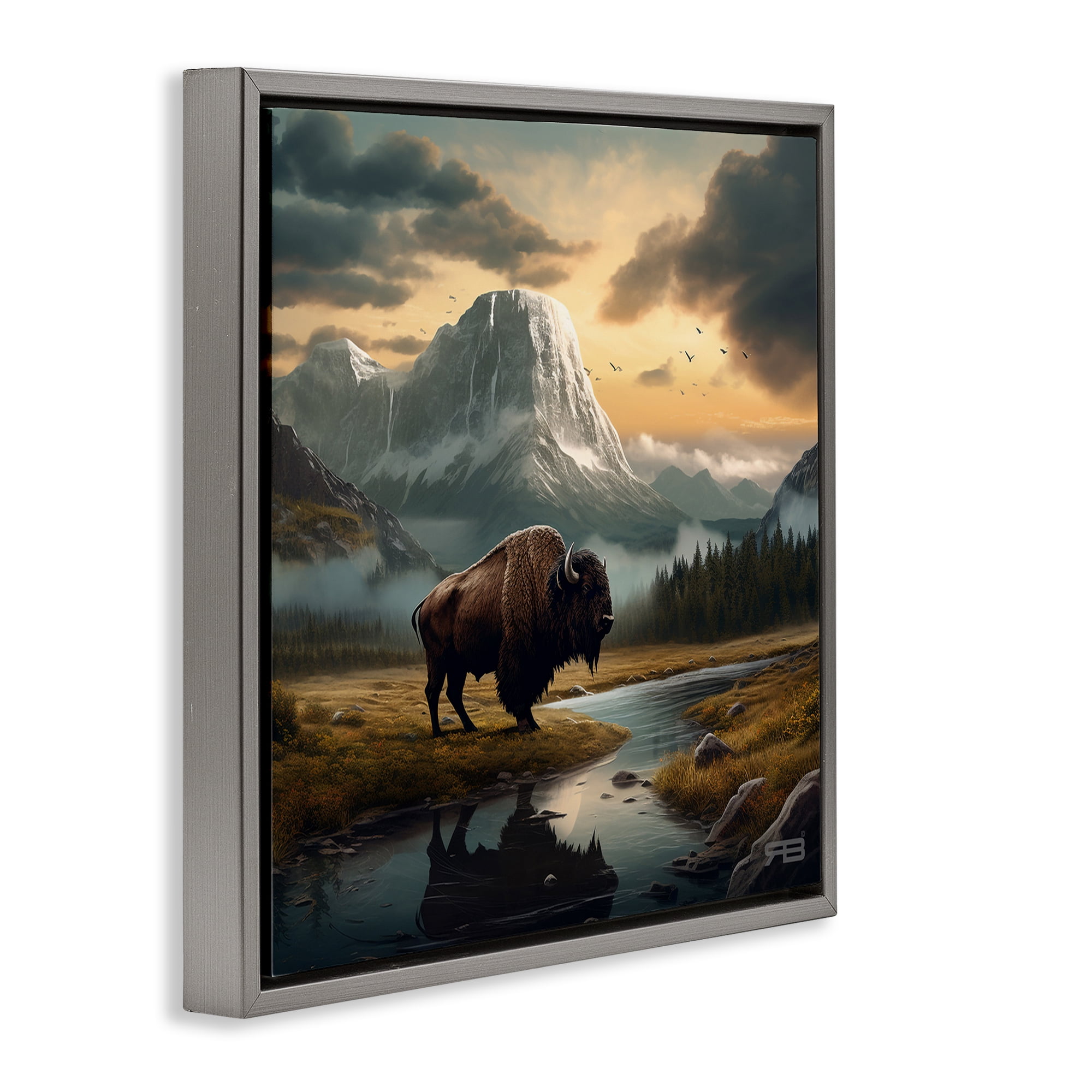 Stupell Industries Bison & Vast Mountains Landscape & Nature Painting Gray Floater Framed Canvas Art Print Wall Art, 18 x 18