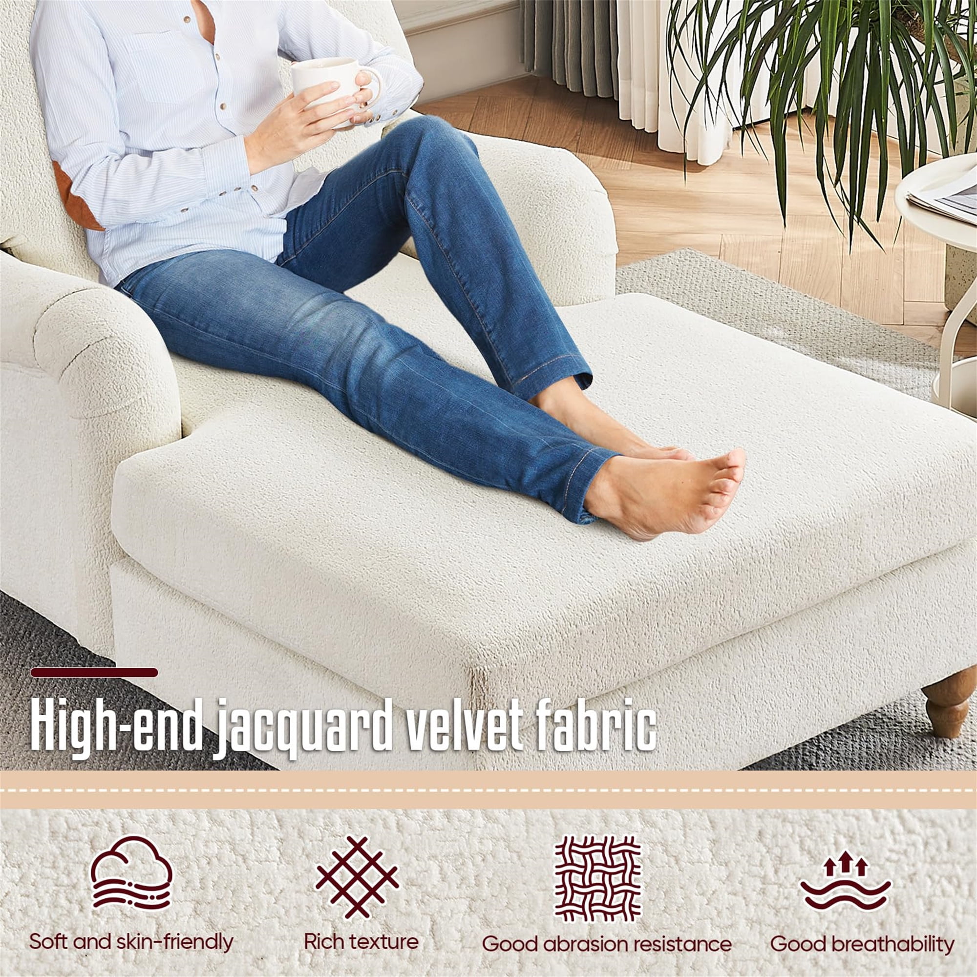 Aukfa Modern Oversized Chaise with Adjustable Backrest, Sleeper Chair Sofa Recliner for Living Room, Beige