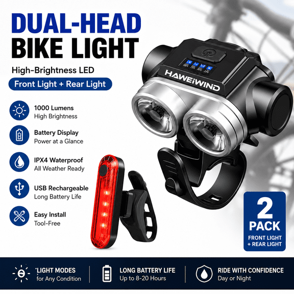 Bike Light Set Front and Rear, 400 Lumens Dual LED Bicycle Headlight, USB Rechargeable 1200mAh Bike Lights with Battery Indicator, ABS Waterproof Night Cycling Lights for Mountain & Road Bikes