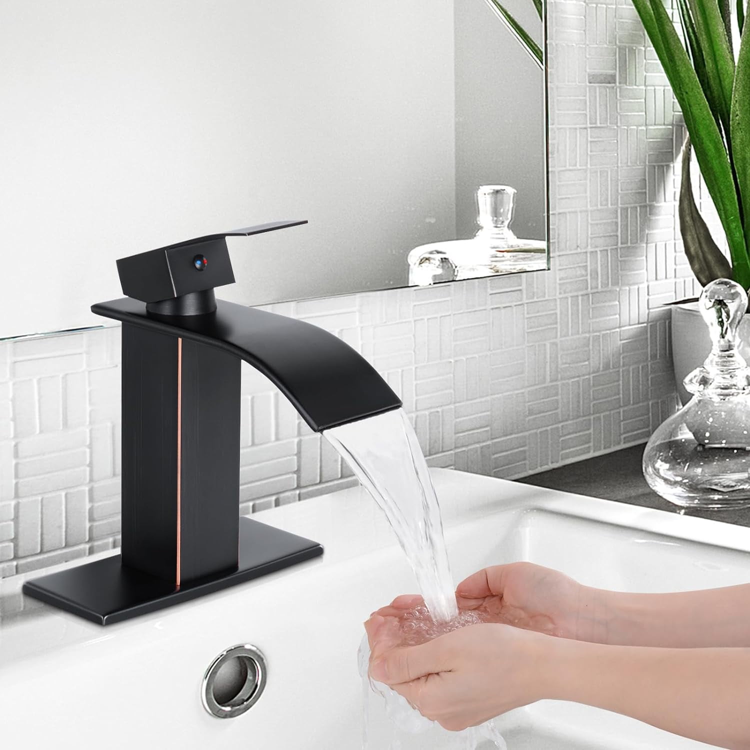 Kede Oil Rubbed Bronze Waterfall Bathroom Faucet Lavatory Single Handle 1 or 3 Hole Bathroom Sink Faucet Washbasin Faucet with Deck and Pop-up Drain