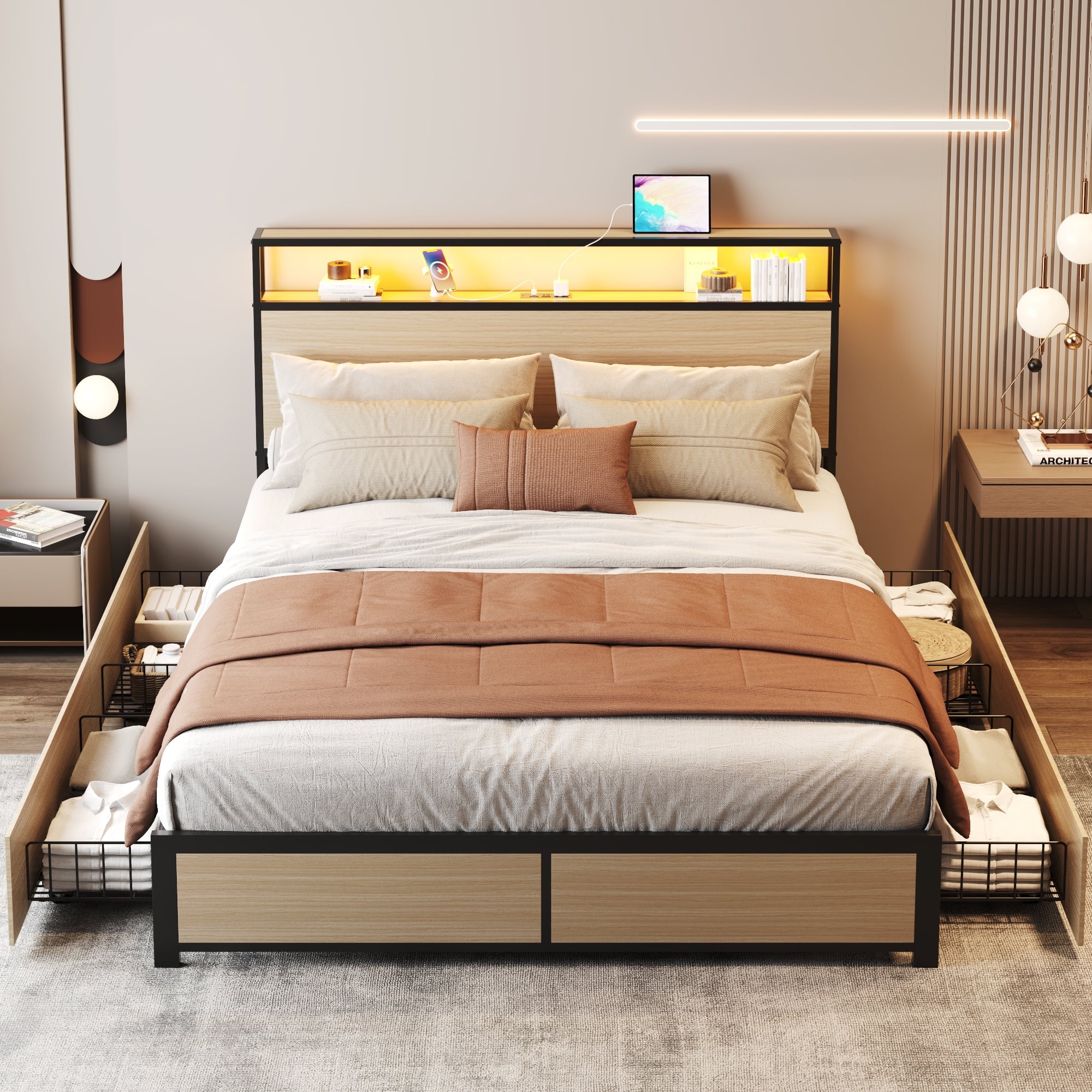 Lifezone Rustic Adult Queen MDF Metal Bookcase Bed with LED Light & Drawers, Beige