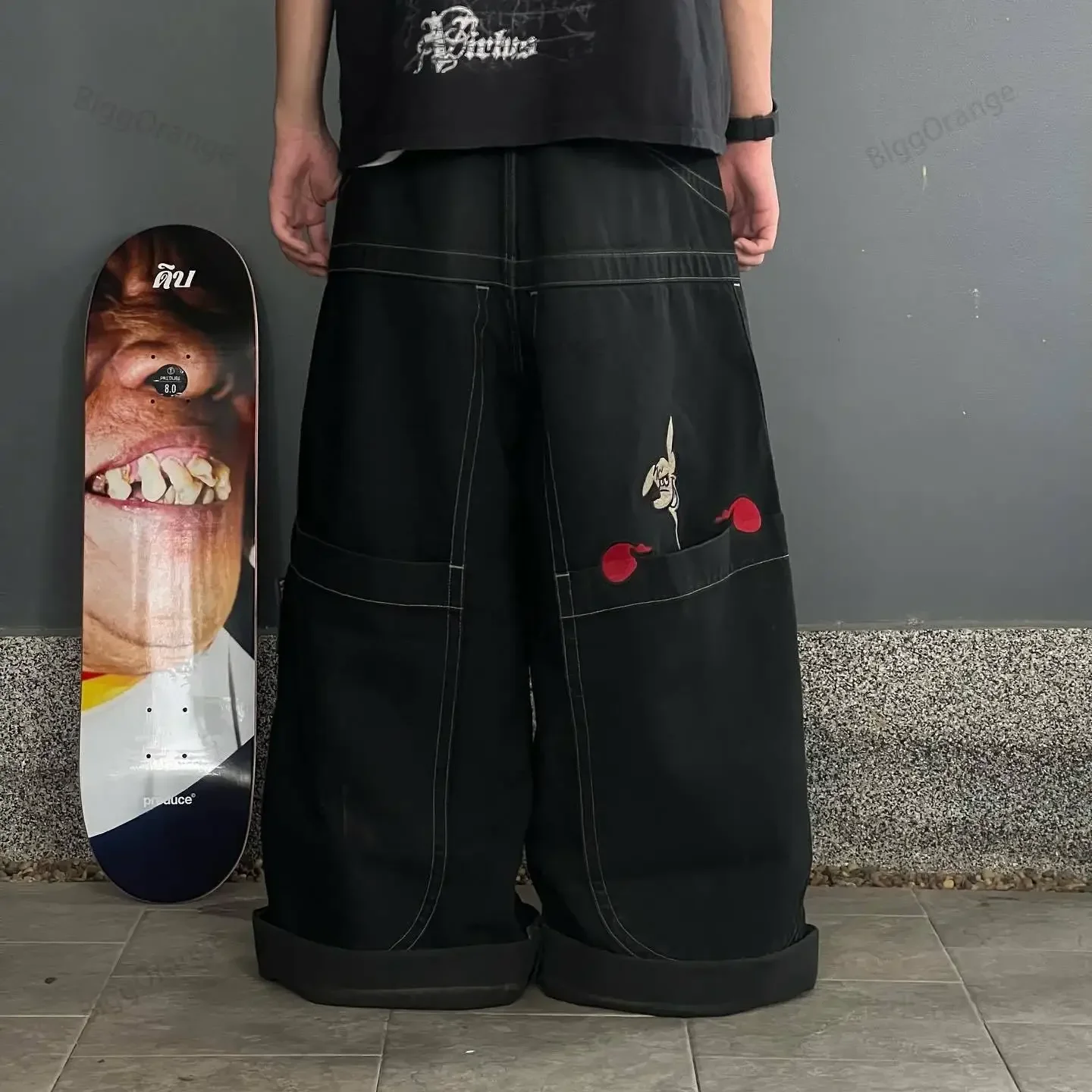Hip Hop American Jnco Big Pocket Boxing Kangaroo Print Wash Wide