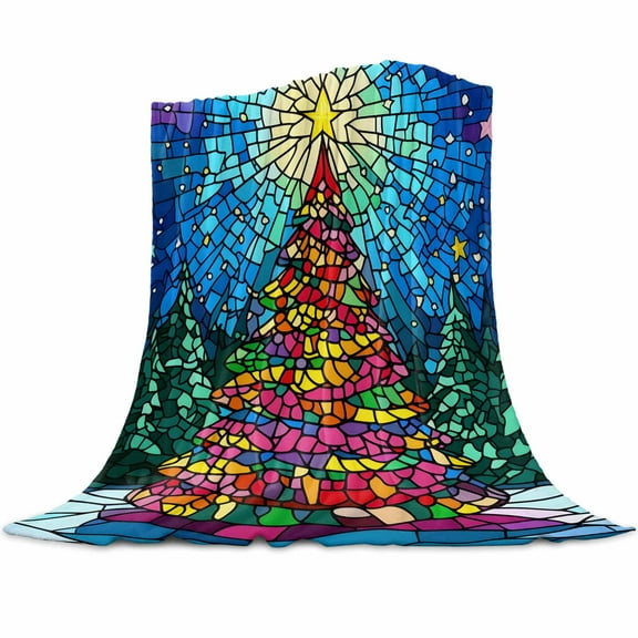 Christmas Xmas Tree Flannel Blanket for Bed,Travel and Camping, Stained Glass Super Soft Cozy Blanket for All Seasons 60"x80"