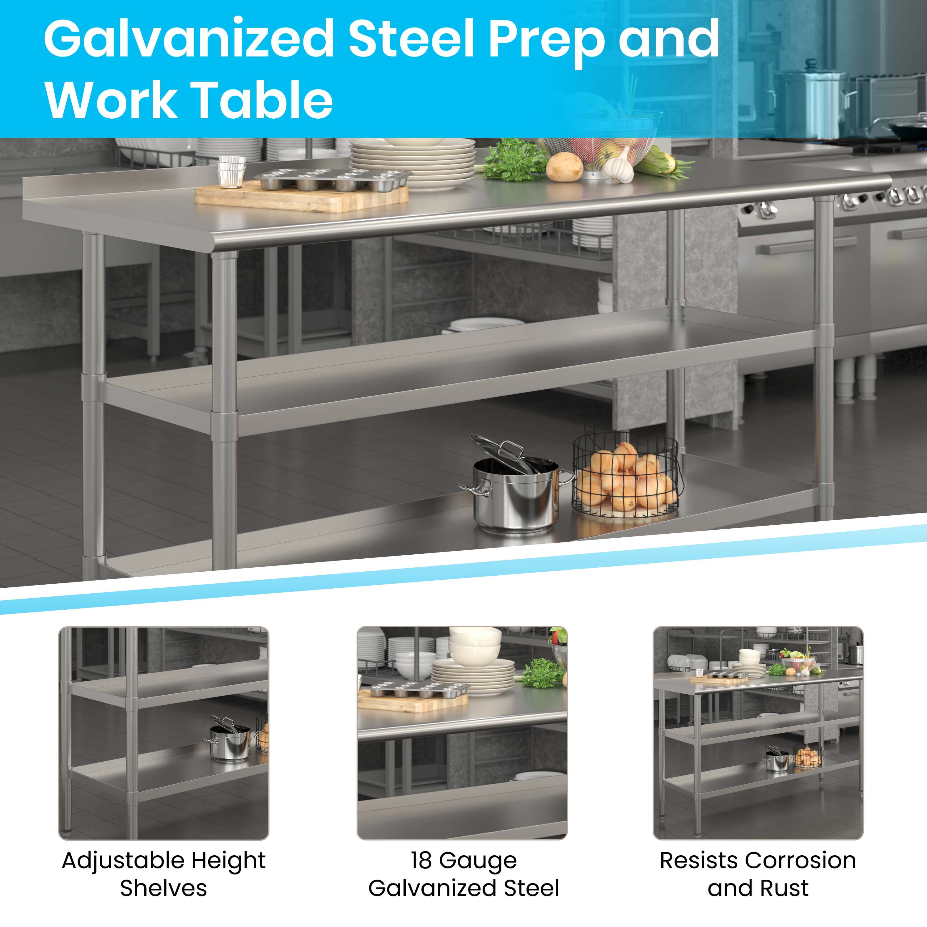 Emma + Oliver NSF Certified Stainless Steel 18 Gauge Work Table with 1.5" Backsplash and Undershelves - 60"W x 24"D x 36"H