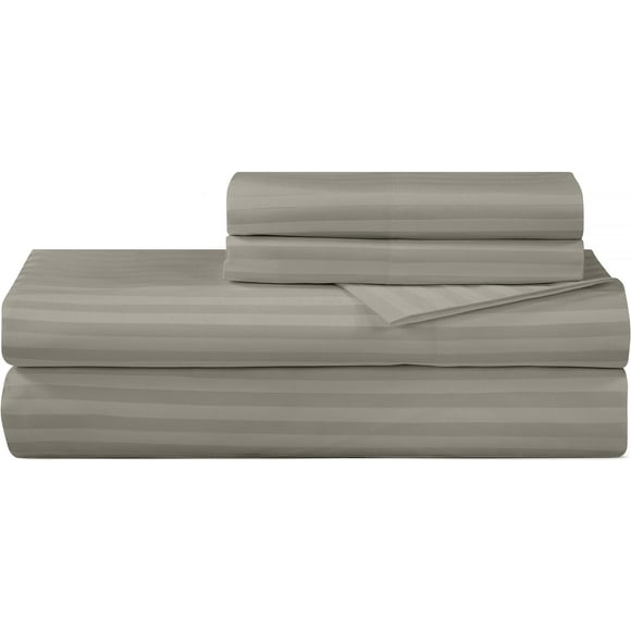 ROYALE LINENS 300 Thread Count 100% Long Staple Combed Cotton Printed Sheet Set - 4 Piece Queen Bed Sheet - 1 Fitted Sheet 1 Flat Sheet 2 Pillow case - Cool & Crisp Sheet Set (Queen Stripe Silver)