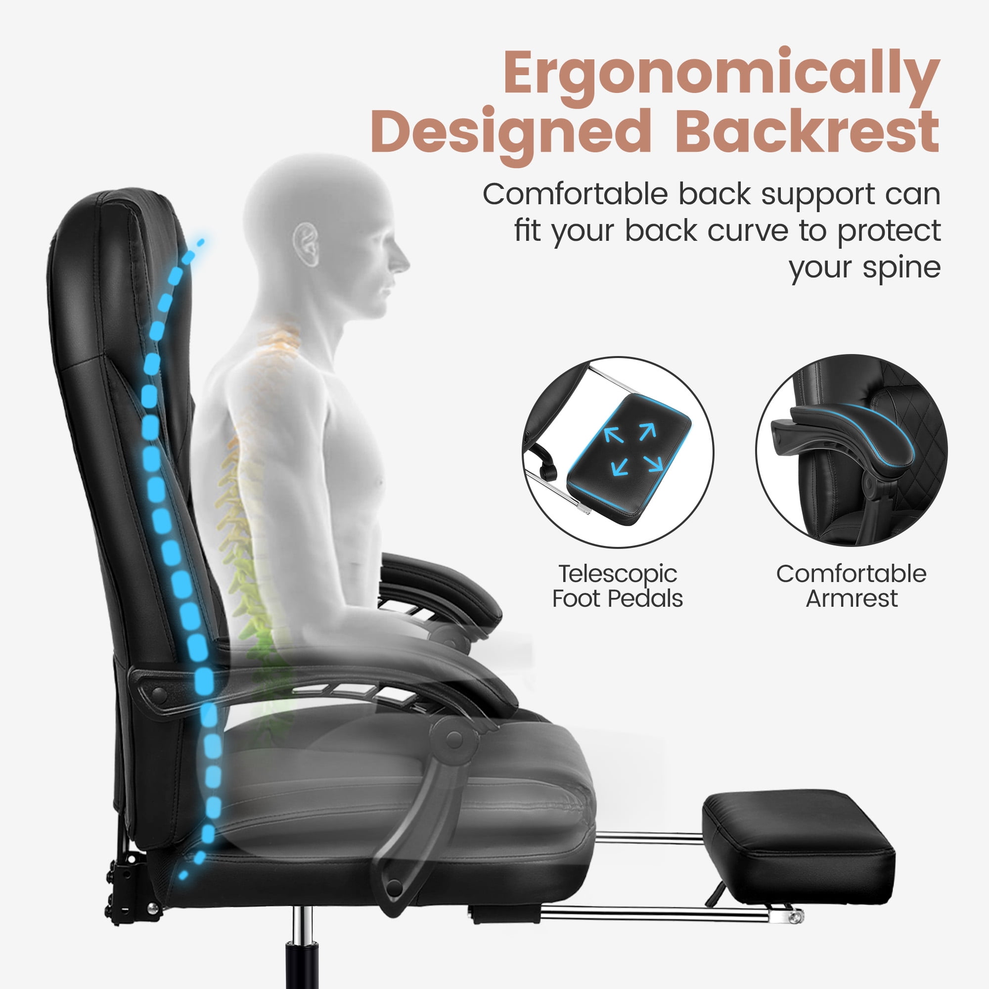 COOLHUT Executive Office Chair, Big and Tall Office Chair with Footrest Reclining Faux Leather Chair High Back Lumbar Support Ergonomic Office Chair with Padded Armrests, Black