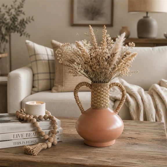 Terracotta Vase with Woven Handles, Rustic Decorative Flower Vase for Farmhouse Home Decor, Boho Tabletop Centerpiece for Living Room Bedroom Shelf