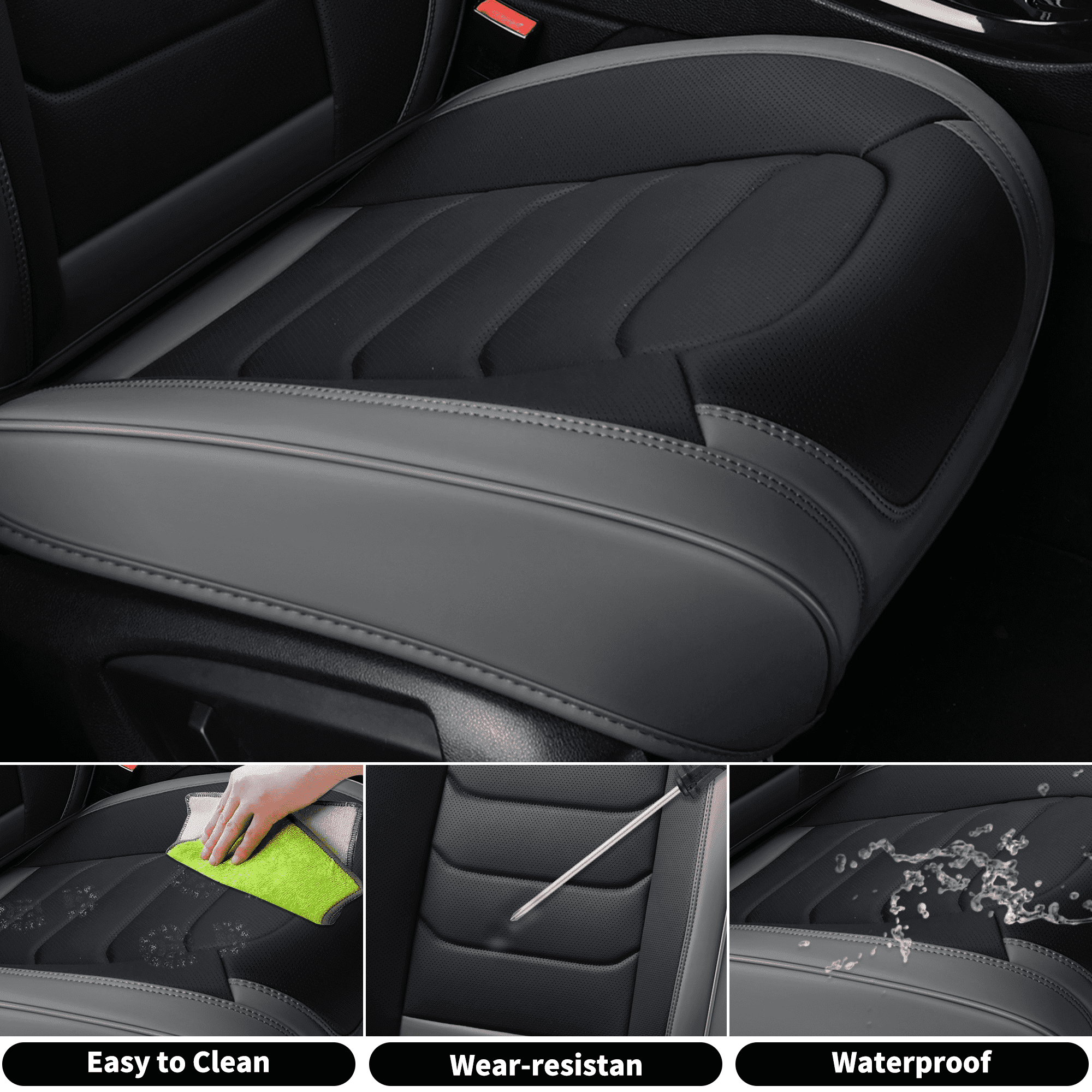 FLORICH Car Seat Covers Front Pair, Waterproof Faux Leather Seat Protectors, Auto Interior Cushions Fit for Most Cars SUV Trucks, Black & Gray