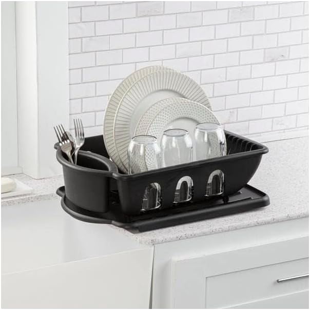 Dish Drying Rack, Heavy Duty Hard Plastic Drying Rack, Dish Drainer for Kitchen Counter with Drainboard Set, with Silverware Holder - 18 x 13 x 6 (Black), 1 Count