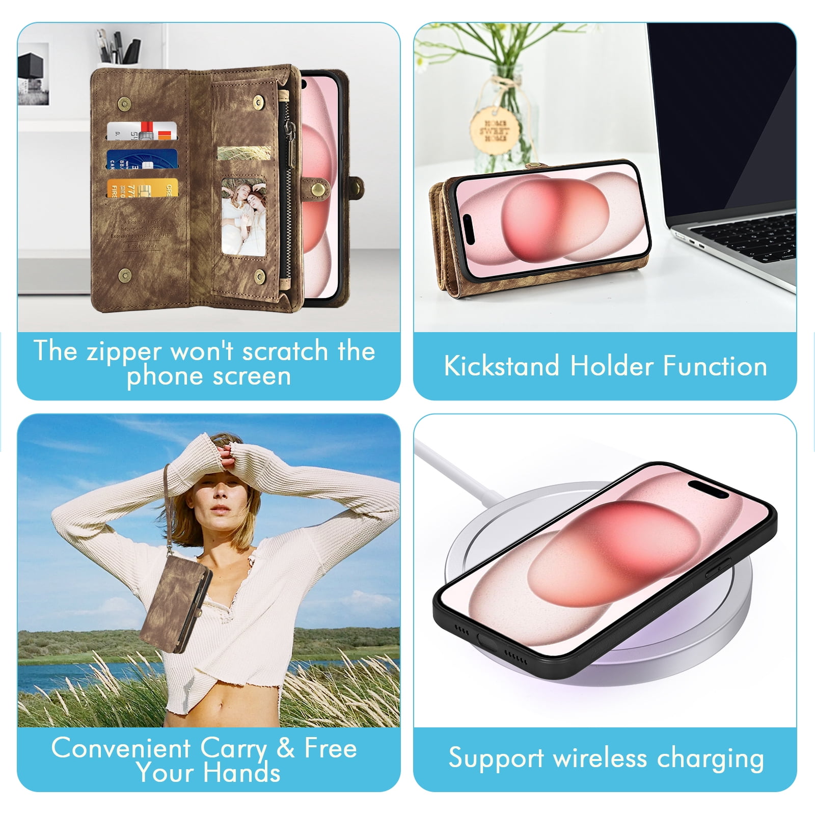 Compatible with iPhone 15 Plus 6.7 inch Phone Case Zipper Wallet Detachable Tempered Glass Screen Protector Lanyard Strap Flip Card Holder Cell Cover for i Phone15 15+ i15 + 15Plus Women Brown