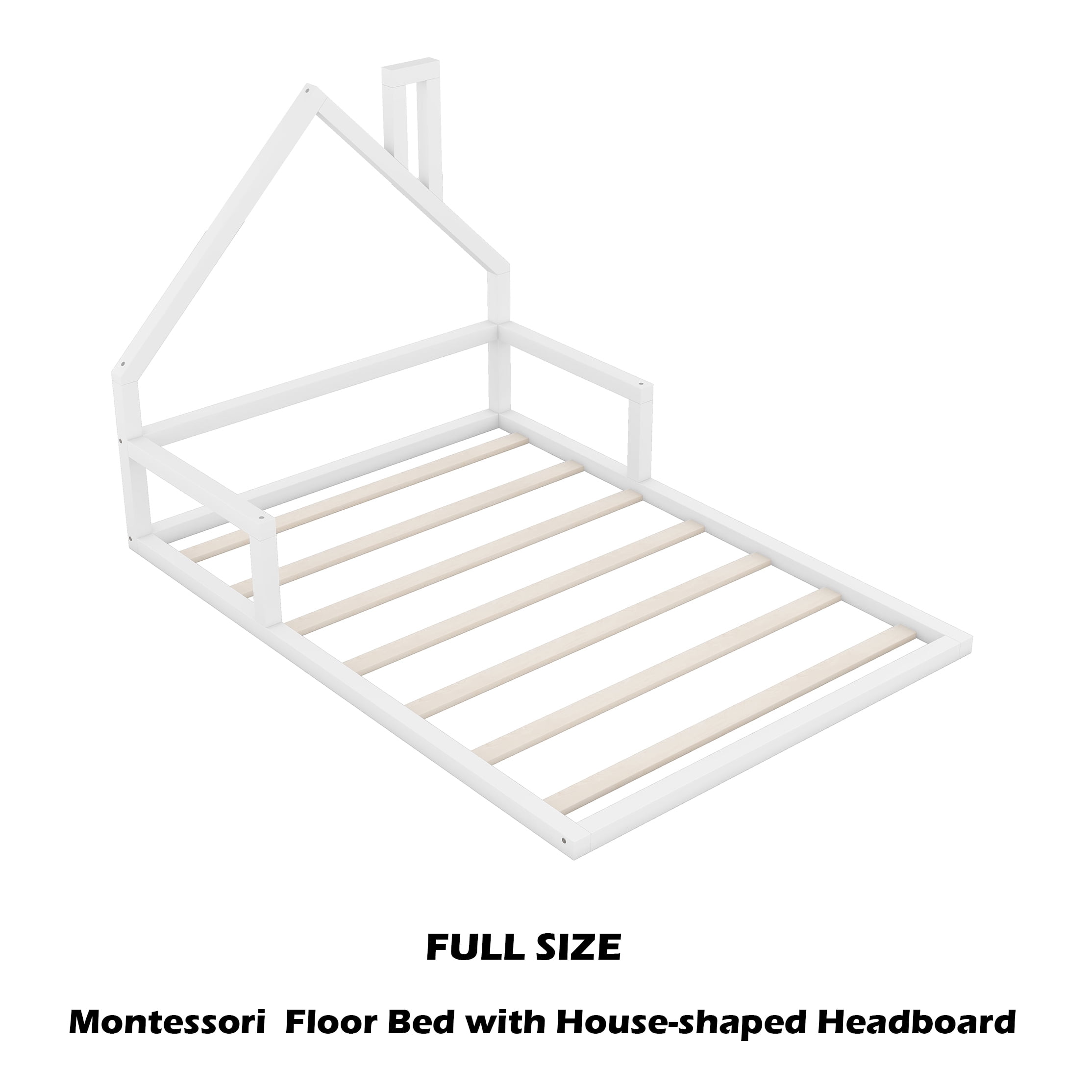 Bellemave Full Size Wood Floor Bed with House-shaped Headboard Montessori Floor Bed with Rails and Wooden Slats No Box Spring Needed, White