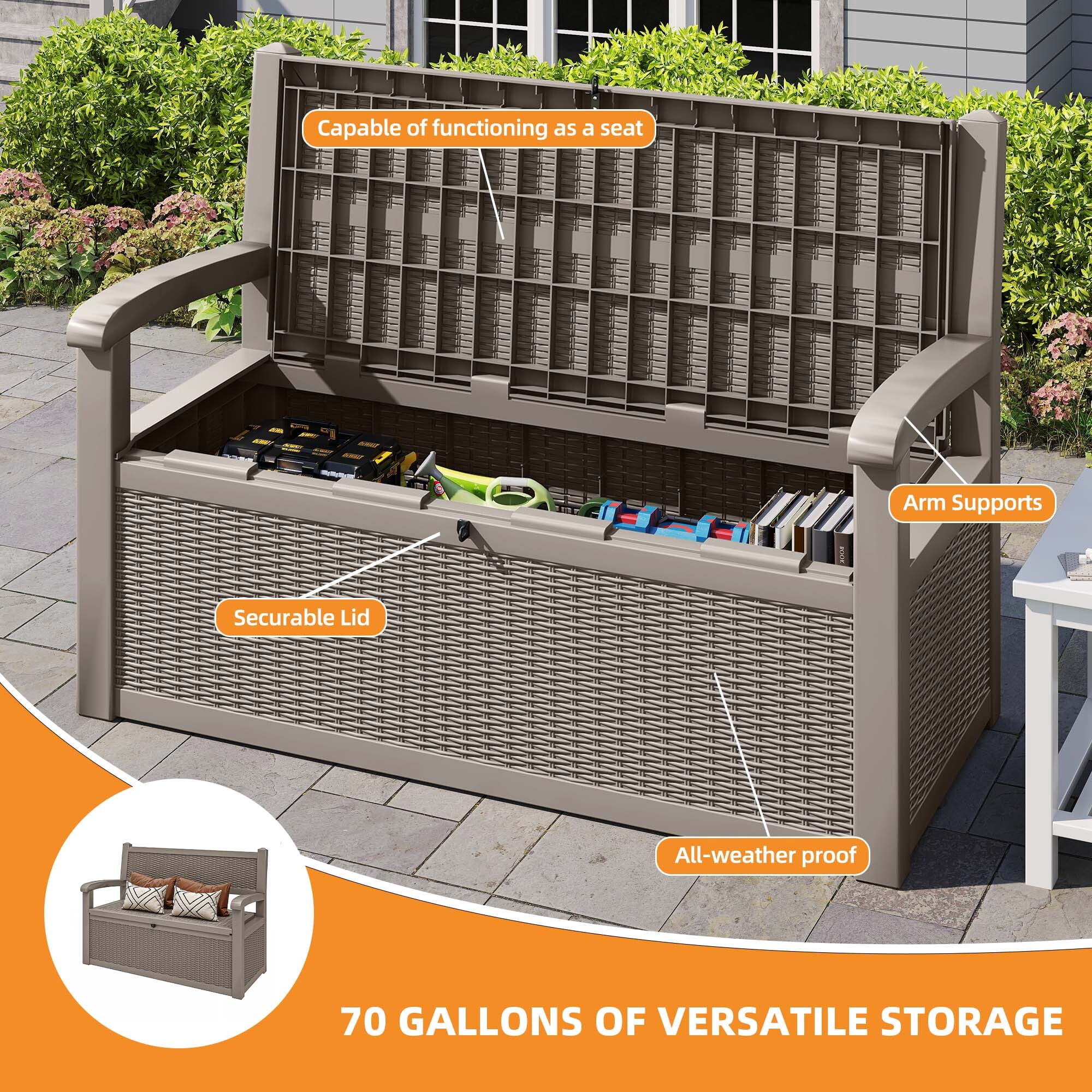 Uforic 70 Gallon Outdoor Storage Deck Bench with Armrests, Waterproof Lockable Storage Box for Patio, Garden, Pool & Porch, Light Brown