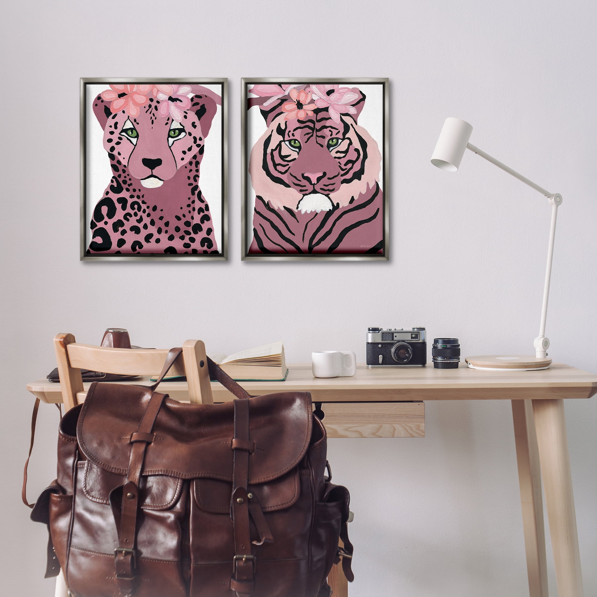 Stupell Industries Floral Cheetah Tiger Animals Painting Gray Floater Framed Canvas Art Print Wall Art, 17 x 21, Set of 2
