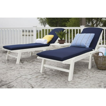 POLYWOOD® Nautical Stackable White Wheeled Chaise with Navy Cushions - Set of 2 with Table