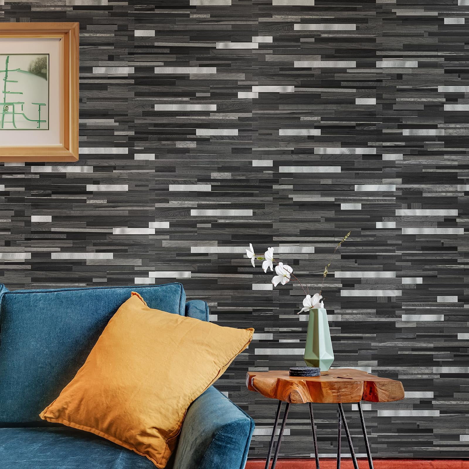 20 Sheets Peel And Stick Tile Backsplash  Black With Metal Look On Upgrade Your Kitchen Rv Fireplace