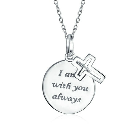 Eternal Circle Cross I Am Always With You Word Quote Pendant Round Disc Necklace For Women For Teen 925 Sterling Silver