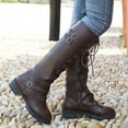 thumbnail image 2 of Povozer Women's Chunky Heel Knee High Boots with Side Zipper Lace Up Shoes Comfy Casual Round Toe Riding Combat Boots(Coffee,11), 2 of 6