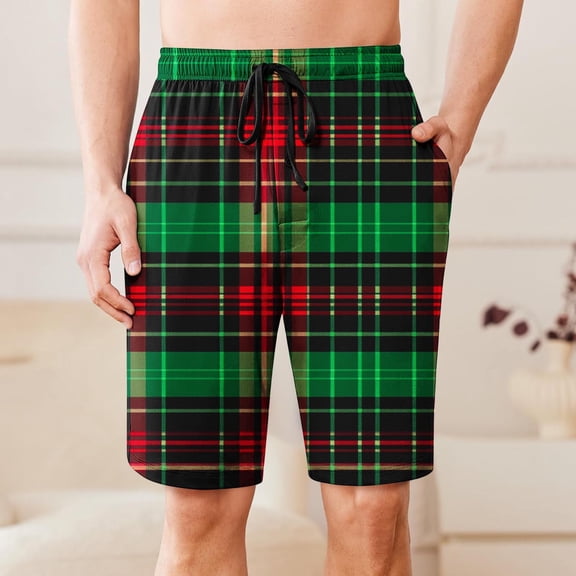 Mens Shorts Drawstring Elastic Waist Plaid Pocket Sleep Shorts Casual Lounge Bermuda Shorts Green L