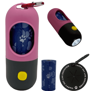 Dogs N Paws Dog Poop Bag Holder with Flashlight, 1- 18Bags/Roll- Pink