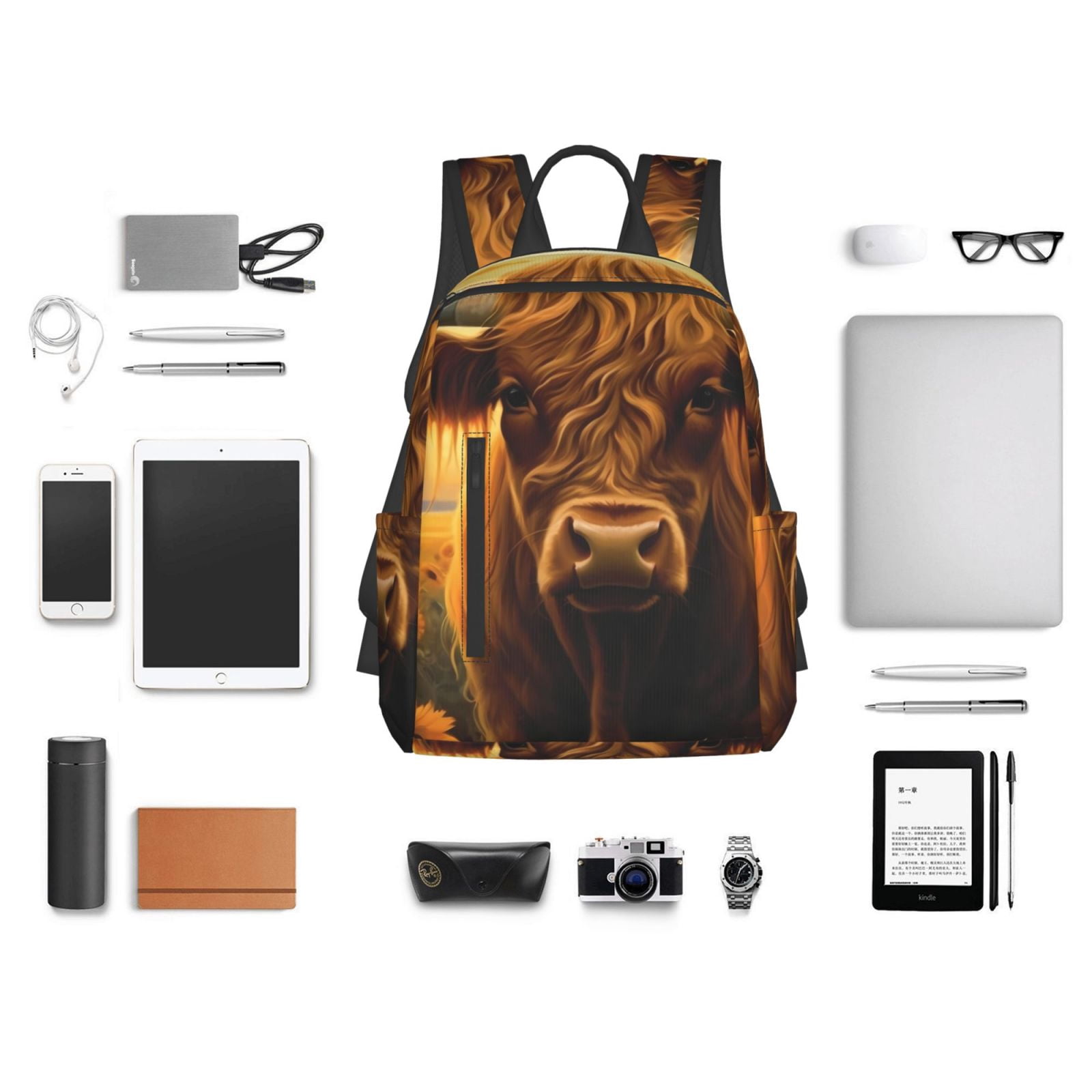 Xecao Sunset Sunflower Cow A print Backpack For women men Aesthetic Lightweight Travel Daypack Simple Cute Backpack For Bookbag