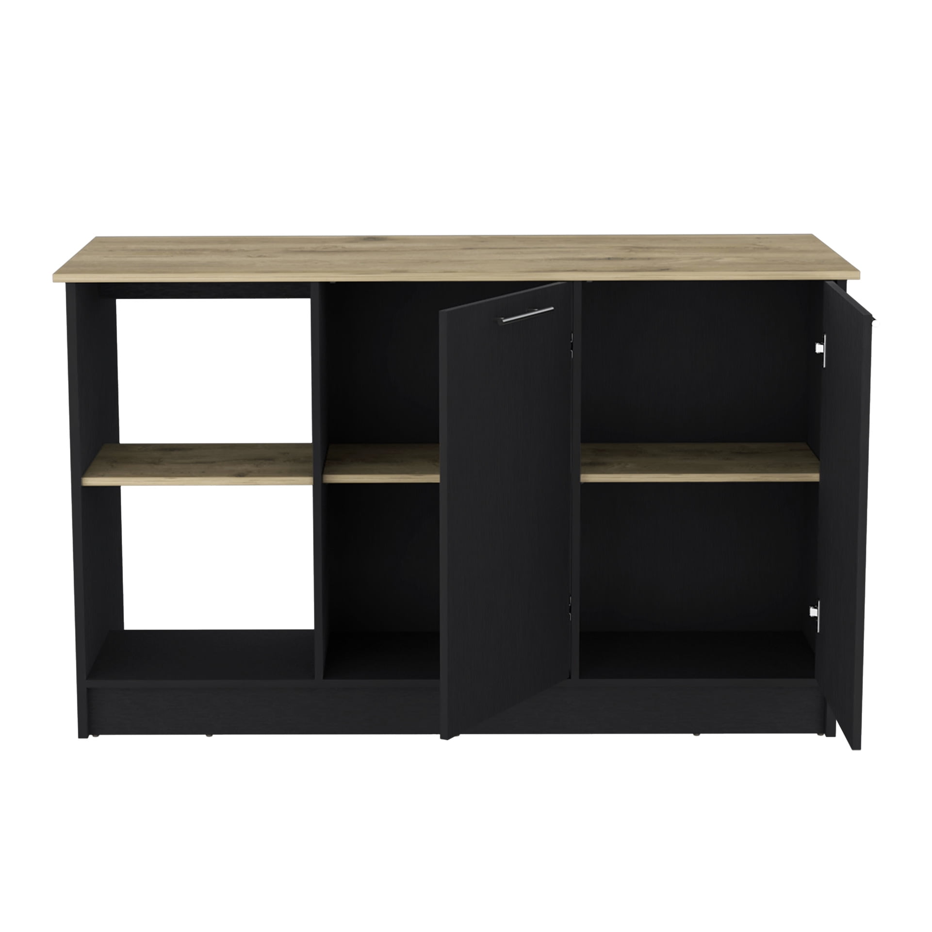 Large Countertop Kitchen Island In Black. Double Door Cabinet & Open Storage For Dishes. 25.08" Depth X 59" Width 35.78" Height. Solid Wood + . . Compliant. Compliant Black With Plentiful Surface.
