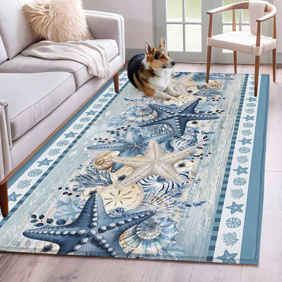Blue Starfish Coastal Area Rugs 3x5 ft Beach Coral Botanical Nautical Vintage Washable Rug Non Slip Indoor Carpet Absorbent Floor Mat for Living Room Bedroom Dining Room