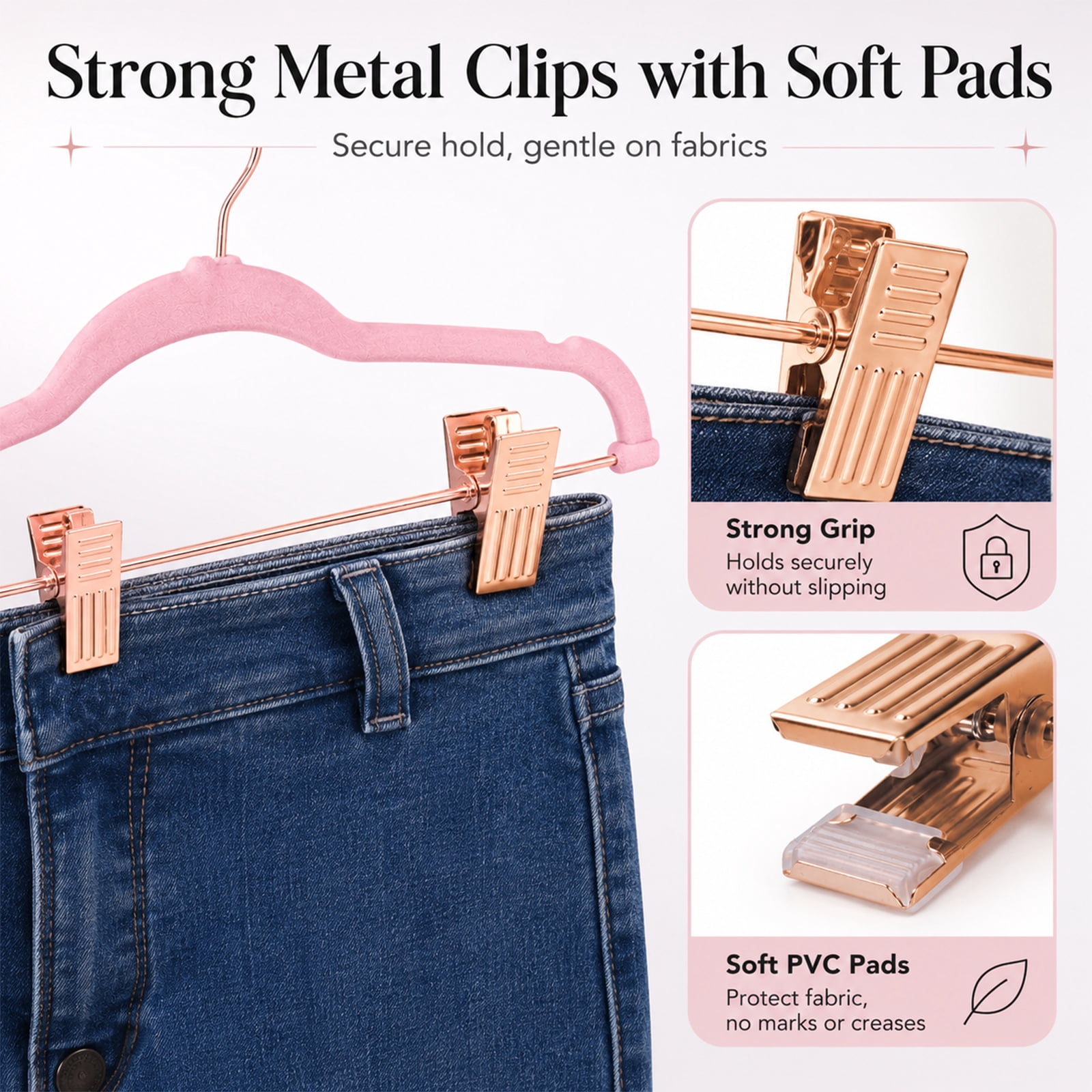 ACSTEP 24 Pack Velvet Pants Hangers with Adjustable Clips, Non-Slip Slim Skirt Hangers for Pants, Jeans, Dresses & Closet Organization, Pink