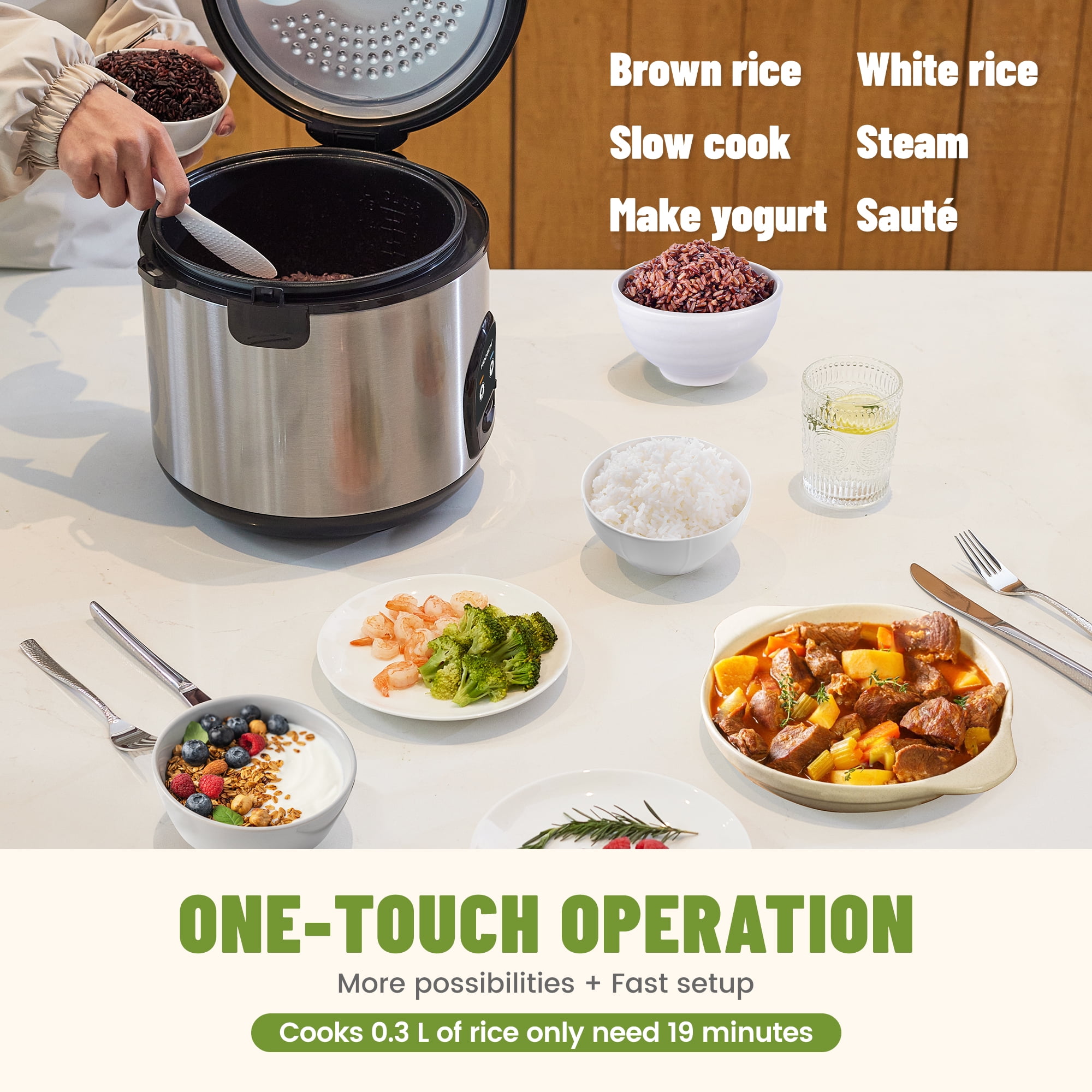 MOOSUM Electric Rice Cooker with One Touch for Asian Japanese Sushi Rice, 5-cup Uncooked, Fast&Convenient Cooker with Steamer, Removable Inner Cover and Auto Warmer, Stainless Steel