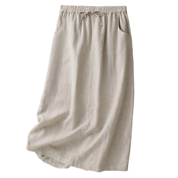Npasoilc Linen Midi Skirt for Women Solid Color High End Versatile A-Line Half Skirt