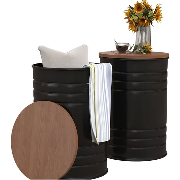 JERFIT 2-Piece Nesting Storage Ottoman Set with Lids, Space Saving Round End Tables, Farmhouse Style Hidden Organizer for Living Room, Black