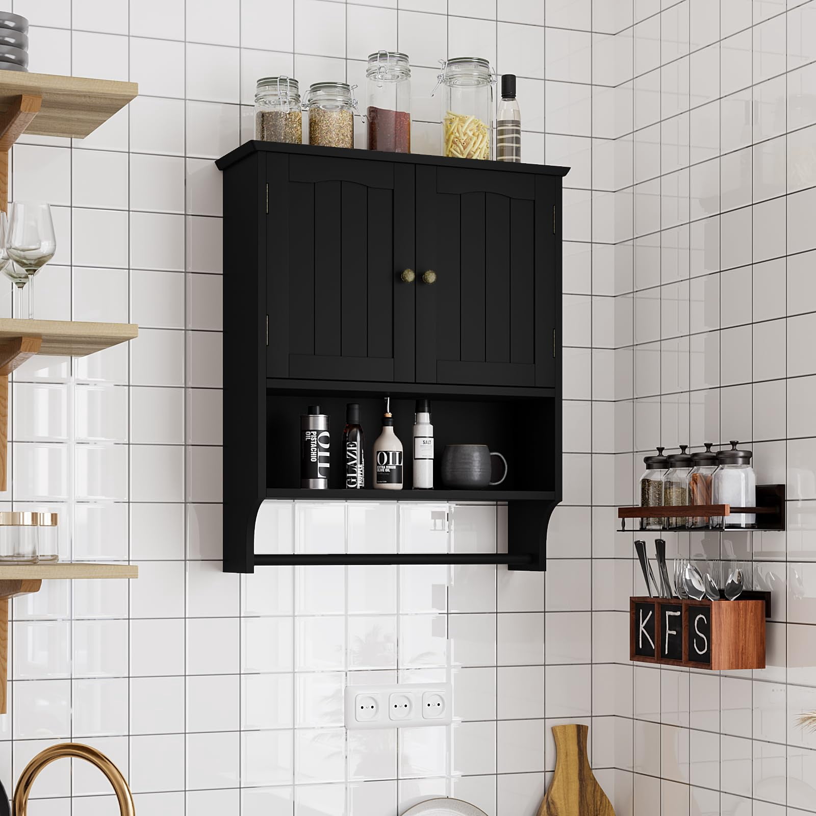 Algherohein Bathroom Medicine Cabinet with Shelf and Towels Bar,Over the Toilet Storage Wall Cabinet,Black Large