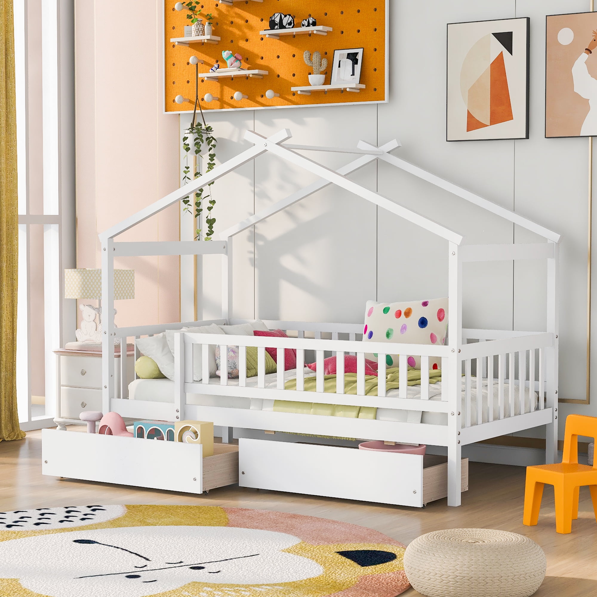 Sailvan Twin Size Wooden House Bed with Two Drawers