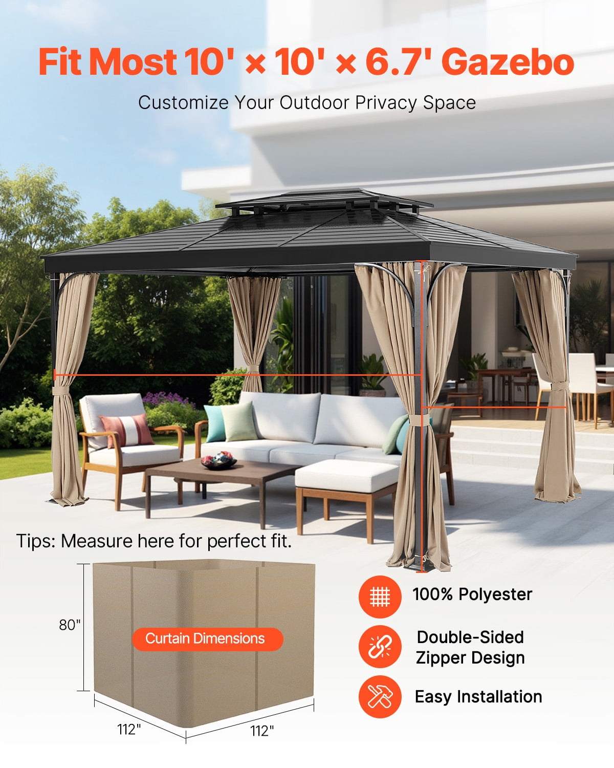 VEVOR Gazebo Curtains Outdoor, Fit Most 10' x 10' x 6.7' Gazebos, with Zippers, Outdoor Curtain Replacement for Patio Canopy, Only Curtain, Khaki